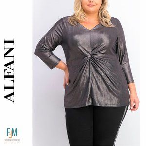 New! Alfani Women's Gunmetal Gray Metallic Knit Twist-Front Top 1X